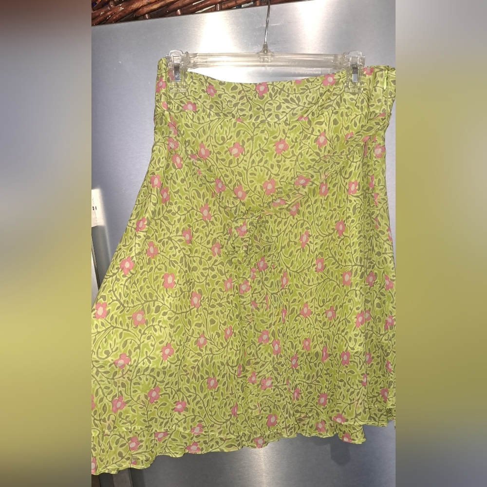 Ladies SIGRID OLSEN Green/Pink Floral Chiffon Ruffled Skirt Doubled Tie Belt 6P